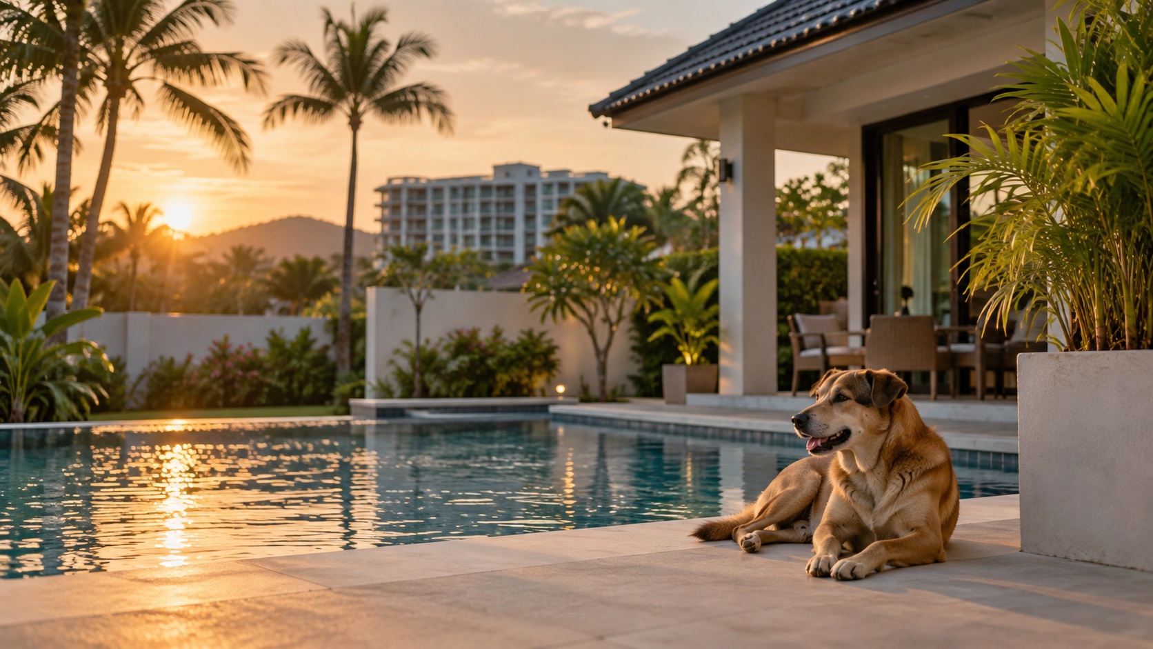 Ein freundlicher mittelgroßer Hund, der neben einem Swimmingpool in einer modernen Villa in Hua Hin, Thailand, ruht, umgeben von tropischen Palmen und dem warmen Licht der goldenen Stunde.