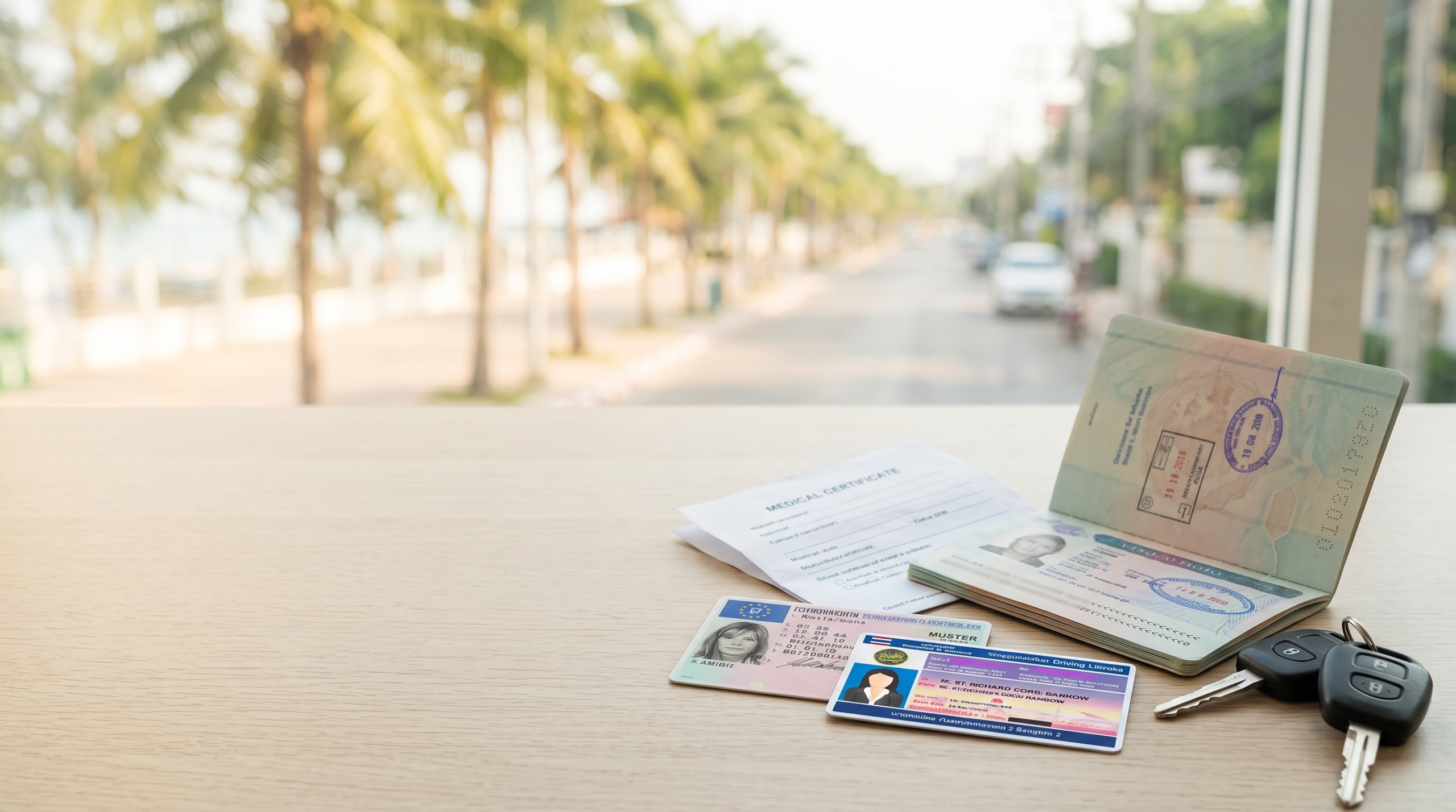 Ein deutscher EU-Führerschein und ein thailändischer Führerschein liegen auf einem Holztisch neben einem Reisepass, einem ärztlichen Attest und Autoschlüsseln, im Hintergrund ist eine verschwommene tropische Straße zu sehen.