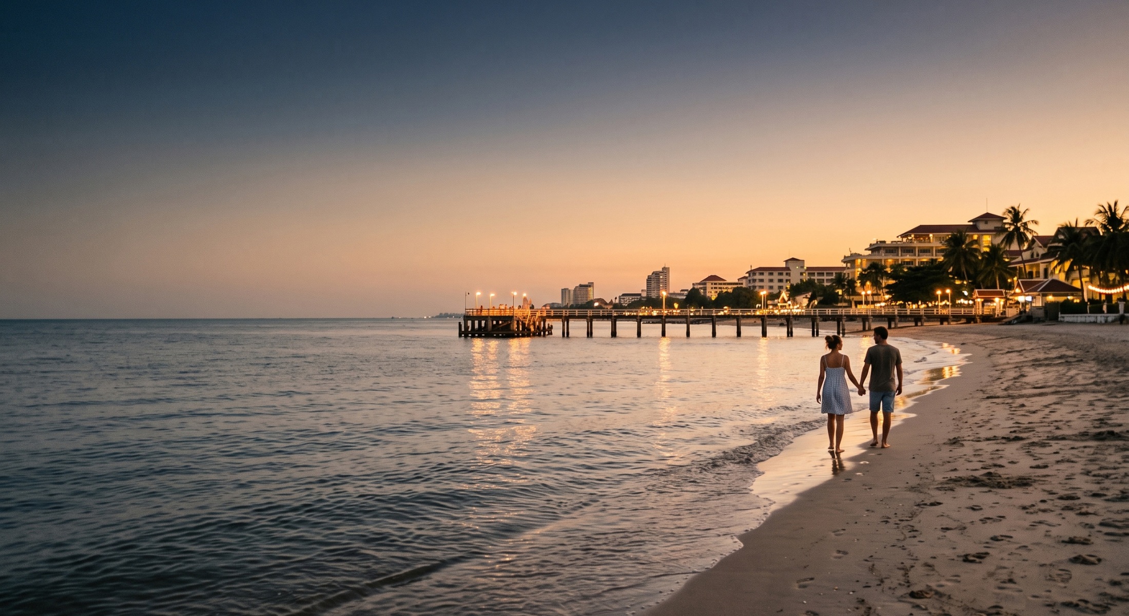 A couple walks along the waterline at Hua Hin beach during an early evening sunset, with an illuminated wooden pier and town skyline in the background.